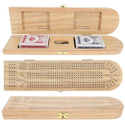 Pacific Shore Games Wooden Cribbage Board Game Set, Continuous 3 Track for 2-3 Players with Card Storage - color: Natural