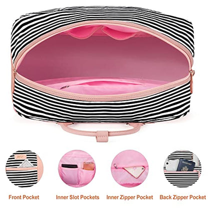 Weekender Bag for Women, Large Overnight Bag Canvas Travel Duffel Bag Carry On Tote with Shoe Compartment 21" 3Pcs Set - color: A07-pink+black & white stripes