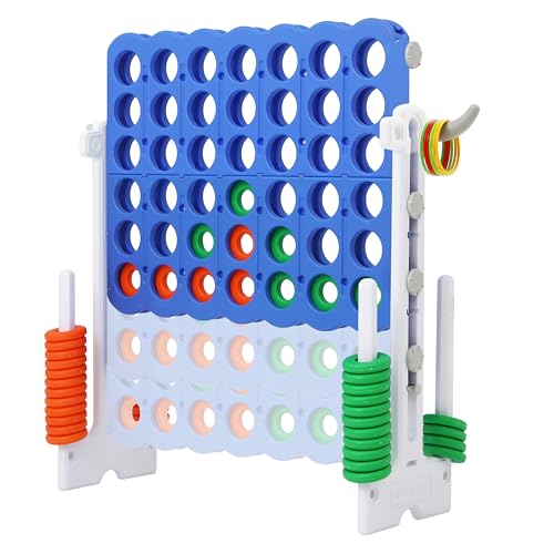 SDADI Height-Adjustable Giant 4-in-a-Row Game, 2-in-1 Jumbo 4-to-Score & Ring Toss Set, Indoor/Outdoor Yard Party Toy for Kids, Adults & Family, White - color: White