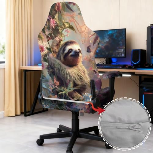 Sloth Print Gaming Chair Covers with Armrest Covers Dust-Proof Soft Stretchy Gamer Chair Cover Universal Fit Office Desk & Racing Computer Chairs - color: Brown - Sloth