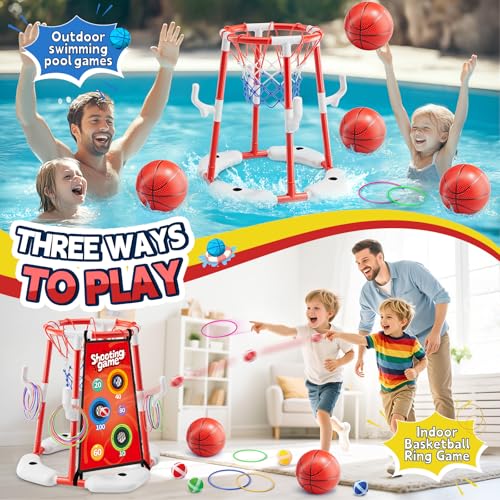 Pool Basketball Hoop for Kids Ages 4-8 & 8-12 - Floating Game Set with Water-Fillable Base, Pump, Toss Targets & Sticky Balls, Pool Games Backyard Swimming Pool Toys for Outdoor Summer Family Fun - color: Red