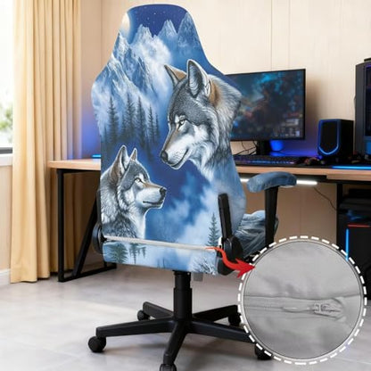 Suobstales Wolf Mountsin Forest Print Gaming Chair Cover Washable Gaming Chair Slipcovers with Armrest Covers, Stretch Anti-Scratch Universal Fit Ergonomic Office Desk & Racing Computer Gamer Chairs - color: Wolf Mountsin Forest