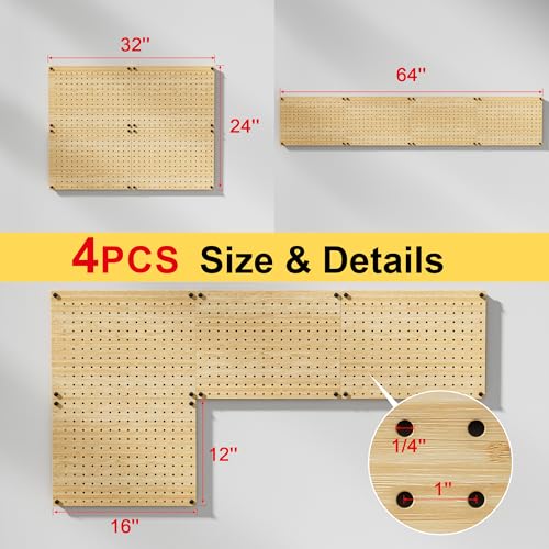 VOIMO Bamboo Peg Board, Eco-Friendly Pegboard Organizer Set with 35 Hooks – Wall Mounted Storage Rack for Kitchen, Tools, Crafts, Garage & Office – Pegboards System for Home Organization - size: 16'' X 12'' (4 Panels)