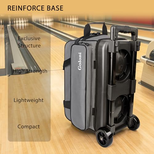 Goloni Double Roller 2 Ball Bowling Bag with Separate Shoe Compartment,2 Ball Bowling Bag with Wheels,Retractable Handle Extends to 40" - color: Grey