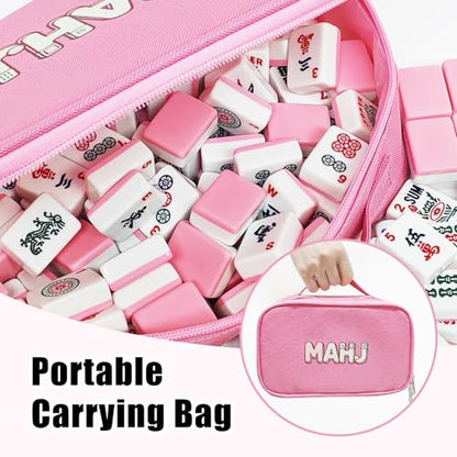 American Mahjong Tiles Set, 166 Pink Mahjong Tiles 1.2 Inch with Carrying Bag and 3 Dice, Portable American Mahjong Game for Travel, Family Game Night - color: Pink