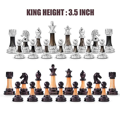 VAMSLOVE Chess Set Large 16''/42cm Folding Wooden Board with Deluxe Weighted Acrylic Chess Pieces - 3.5" King with Storage Slots for Adults House Warming Retirement Gift