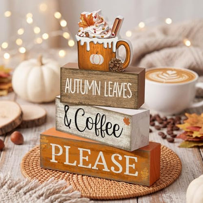 Lineshading 4 Pcs Fall Coffee Table Decor Fall Decoration for Home Wooden Stacked Block with Pumpkin Latte Topper Rustic Thanksgiving Tiered Tray Decor for Harvest Party Home Kitchen Coffee Bar - style: Autumn Leaves 2