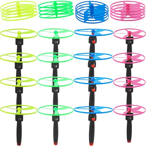 48 Pcs Flying Saucer Flying Disc Toy Helicopter Toy Disco Flyers Include 16 String Launchers and 32 Flying Saucer for Kids Outdoor Games Birthday Favors, Random Colors
