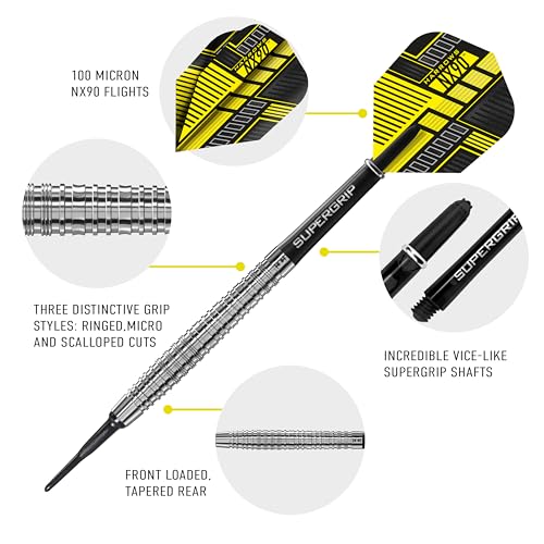Harrows NX90 Soft Tip 90% Tungsten Darts Set 18g and 20g - Includes Black Supergrip Midi Shafts & Micron NX90 Flights - 20g