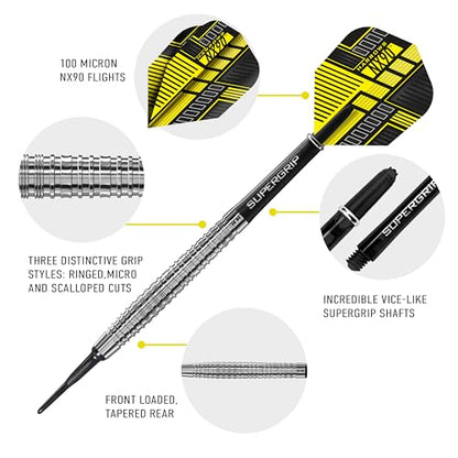 Harrows NX90 Soft Tip 90% Tungsten Darts Set 18g and 20g - Includes Black Supergrip Midi Shafts & Micron NX90 Flights - 18g