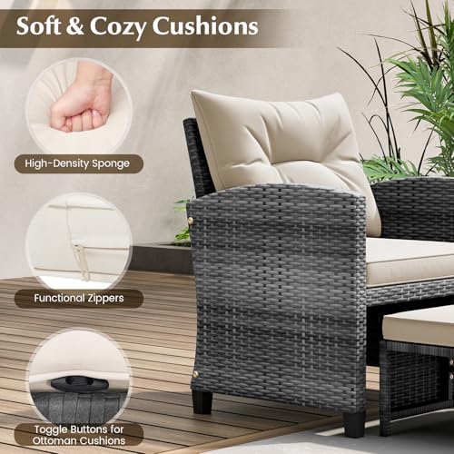 Tangkula 5 Pieces Patio Conversation Set, PE Wicker Rattan Outdoor Furniture Set with 2 Chairs, 2 Ottomans & Tempered Glass Coffee Table, Ideal for Poolside, Backyard, Lawn, Deck, Mix Grey & Off White - color: Mix Grey & Off White