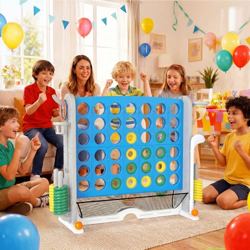 OLAKIDS Giant Connect Game Outdoor, 4 in A Row with Adjustable Height, Mesh Net, Carry Bag, Golf, Basketball Hoop, Ring Toss, Cup Holder for Kids Adults Indoor Backyard (Blue) - color: Blue
