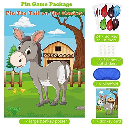 PLULON Pin The Tail on The Donkey Party Game for Kids, Donkey Themed Animal Birthday Party Games Donkey Poster with Tail Stickers for Kids Farm Animal Donkey Party Favors Home Wall Decorations - style: Donkey