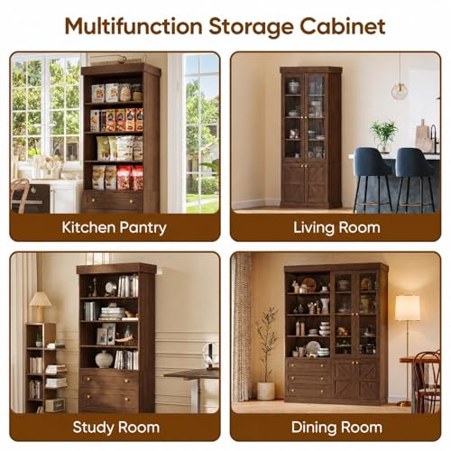 Vyre 71" Tall Farmhouse Bookshelves with Glass Doors and Drawers, Set of 2 – Large Modular Bookcase with Adjustable Shelves, Storage Cabinet for Living Room, Kitchen, Dark Brown - color: Dark Brown