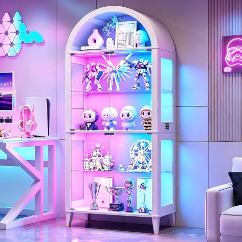 Lvifur Lighted Display Case with Glass Door,5-Tier Arched Glass Display Cabinet with RGB Lights App Control for Collectibles, Smart Curio Cabinet with Human Body Senor,Bookcase for Living Room(White) - color: White-rgb