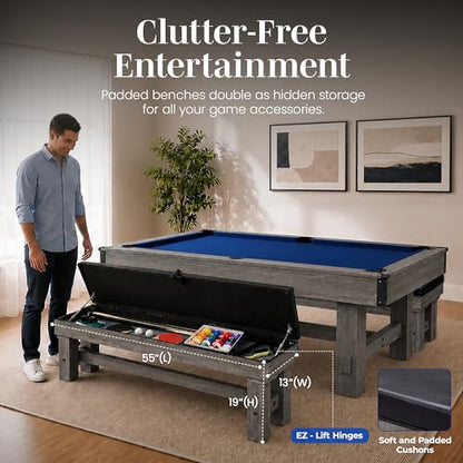 Hathaway Logan 7-ft Pool Table Combo Set with Benches - Rustic Gray with Blue Felt, Barnwood
