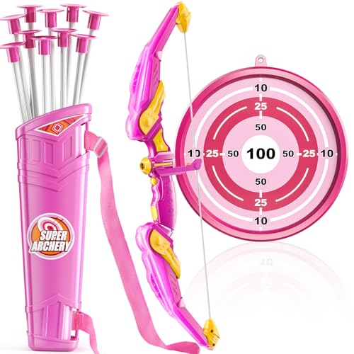 TEMI Bow and Arrow Set for Kids - Archery Toy Set - LED Light Up with Suction Cup Arrows, Target & Quiver, Indoor and Outdoor Toys for Children Boys Girls - color: Pink
