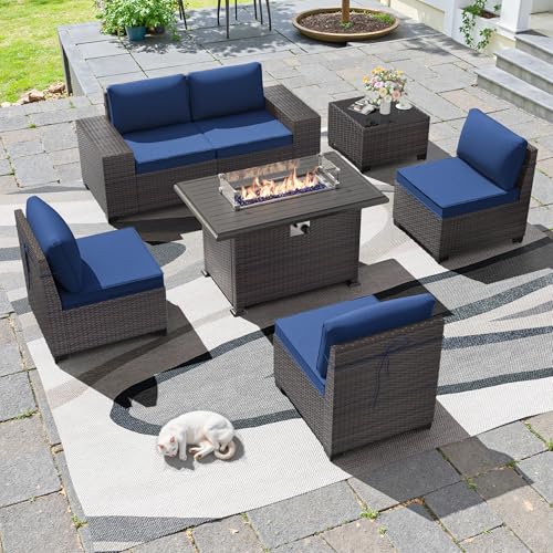 7 PCS Outdoor Patio Furniture Set,Outdoor Sectional Furniture with 43" 55000 BTU Gas Propane Fire Pit Table,All Weather PE Rattan Wicker Patio Conversation Set,Navy Blue - color: Navy Blue, size: 7 High Backrest w/Fire Pit