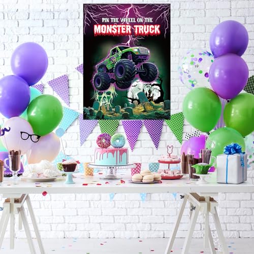 Faccito Monster Truck Birthday Games Pin The Wheel on The Monster Truck Green and Purple Trucks Poster with Stickers Blindfolds for Birthday Decorations Cars Party Games Activities Supplies - style: Truck