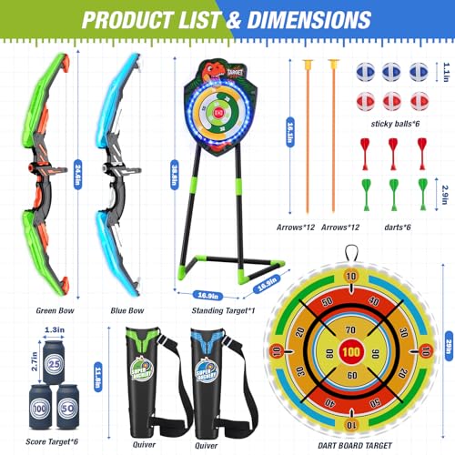 HYES 2 Pack Kids Bow and Arrow with 29" Large Dart Board, LED Light Up Archery Set with 24 Suction Cup Arrows, Indoor Outdoor Sport Toys Gifts for 3 4 5 6 7 8 9 10 11 12 Year Old Boys Girls - size: 2 pack-led dartboard target