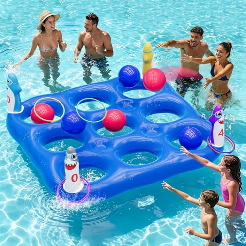 Shark Pool Toys Games Set, 2-in-1 Giant Inflatable Tic Tac Toe Float Game & Ring Toss Game with 10 Balls & 6 Rings, Outdoor Summer Fun Beach Yard Swimming Pool Games for Adults Teens Kids 6+ - style: Shark