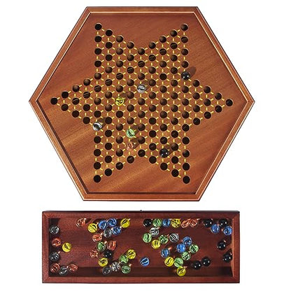 VAMSLOVE Chinese Checkers 15" Large Upgraded Version Wooden Game Board, 16mm 60+12 Colorful Glass Marbles, Easy Grasping for Adults and Kids, w/Storage Drawer, Fun for Family Gathering