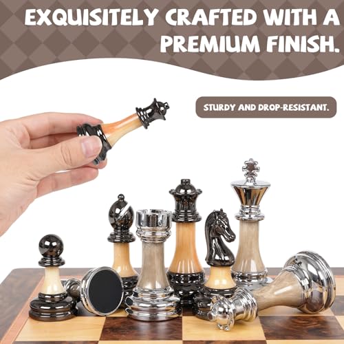 Luxury Large Chess Set 17 Inch Wooden Chess Board with Metal and Acrylic Chess Pieces, 3.5" King, 2 Extra Queens, Foldable Tournament Chess Set for Adults and Kids, Gift Display Chess Game Collection