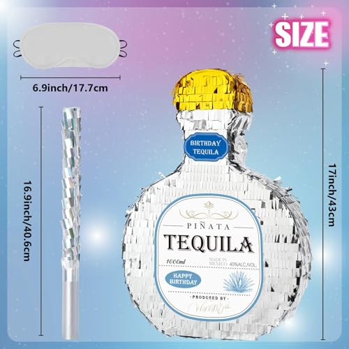 WERNNSAI Tequila Bottle Piñata - Disco Party Decorations for Adults Silver Patron Tequila Piñata with Blindfold for Bachelor Birthday Party Supplies 11.7” x 16.5” - style: Tequila