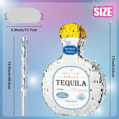 WERNNSAI Tequila Bottle Piñata - Disco Party Decorations for Adults Silver Patron Tequila Piñata with Blindfold for Bachelor Birthday Party Supplies 11.7” x 16.5” - style: Tequila