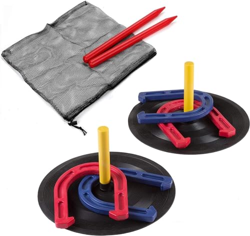 Outdoor Indoor Rubber Horseshoes Set Includes 4 Horseshoes,2 Pegs,2 Rubber Mats,2 Red Plastic dowels,Beach Games Perfect for Tailgating,Camping,Backyard,Fun for Kids Adults