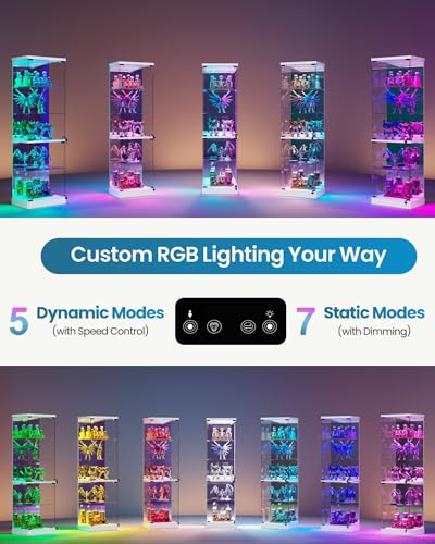 Lvifur Curio Display Cabinet - with Glass Door,5-Tier Glass Display Case with RGB Motion Sensor Light, Lockable Figure Display Case with Removable Glass Shelf for Collectibles,White - color: White-rgb Light