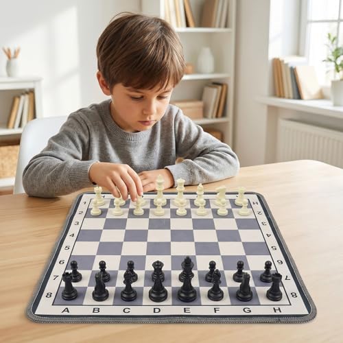 Portable Chess Mat Set for Kids & Beginners – 14.6” x 14.6” Foldable Chess Board with Pieces & Storage Bag | Soft Fabric Chess Mat with Coordinates | Travel-Friendly Indoor Chess Game