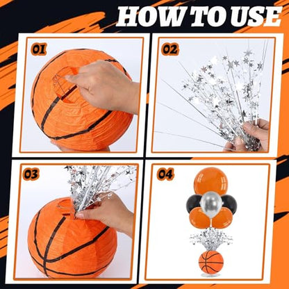 4 Sets Basketball Party Balloons Stand Kit Basketball Lanterns Table Centerpieces Sports Themed Balloons Stand Kit with Metallic Foil Spray for Men Boys Game Birthday Party Baby Shower - color: Basketball