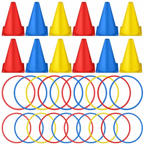 Leyndo 52 Pcs Ring Toss Game Set 12 Plastic Training Cones 40 Toss Rings for Carnival Party Backyard Indoor Outdoor Games - color: Red, Blue, Yellow, size: 7 Inch