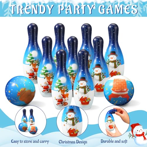 Libima 12 Pcs Christmas Bowling Set Santa Claus Snowman Bowling Set 10 Soft Foam Bowling Pins 2 Bowling Balls Set Toy Bowling Set for Game Indoor Outdoor Xmas Party Supplies - color: Blue, style: Snow
