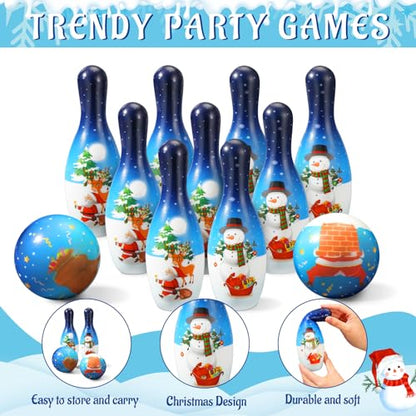 Libima 12 Pcs Christmas Bowling Set Santa Claus Snowman Bowling Set 10 Soft Foam Bowling Pins 2 Bowling Balls Set Toy Bowling Set for Game Indoor Outdoor Xmas Party Supplies - color: Blue, style: Snow