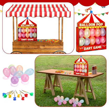 Seenelling Balloon Dart Carnival Game Set Carnival Themed Wooden Box with 500 Balloon 8 Colorful Darts Adhesive Dots for Booth Game Birthday Party Backyard Lawn Event 16.5'' x 12.5'' x 4.5''