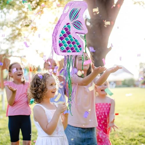 WERNNSAI Foldable Mermaid Piñata - Pull String Mermaid Birthday Party Supplies Mermaid with Blindfold Bat and Tassels Mermaid Party Decoration Games Folding Purple Mermaid Piñatas for Classroom Game - style: Mermaid-Fold