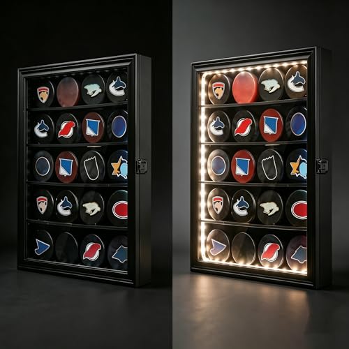 LED 20 Hockey Puck Display Case, Wall Mount & Freestanding Shadow Box Holder with Clear Glass, Large Black for Hockey Puck Collection - size: Large LED-Black