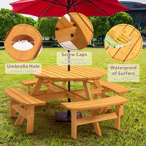 8-Person Round Wooden Picnic Table with Seat, Outdoor Camping Dining Table with 4 Built-in Benches, Natural - color: Natural, size: 8-Person Round