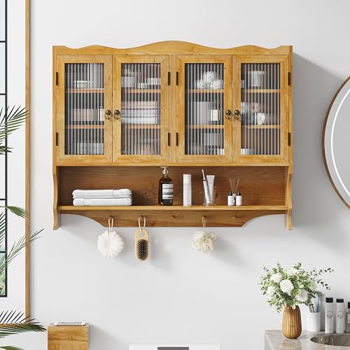 Retro Style Haze Four Glass Door Wood Wall Cabinet with Detachable Shelves for Office, Dining Room,Living Room, Kitchen and Bathroom - color: Natural(4)