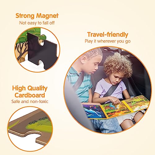 SYNARRY Magnetic Dinosaur Puzzles for Kids Ages 3-5, 20 Pieces Puzzles for Toddlers 4-6, Easter Basket Stuffers Gifts for Kids, Car Airplane Road Trip Activities Magnet Games Toy for Boys Girls - style: Dinosaur