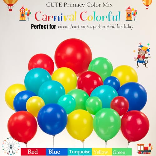 117PCS carnival circus Balloon garland kit with Red Blue Yellow Teal and Lion & Popcorn & Hot Air Balloon and Link Balloons for cartoon clown Theme birthday Party Decorations