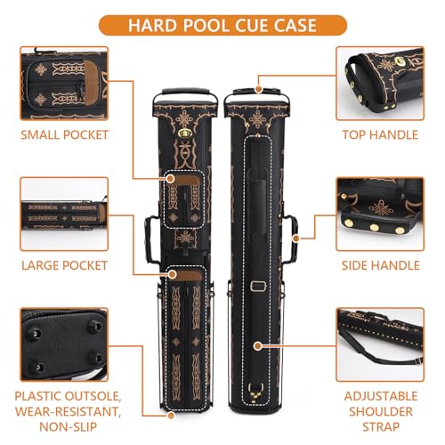 2x4 Pool Cue Case, Hard Pool Cue Case, Billiard Cue Case with Stand, Billiards Accessories Holds 2 Cue Butt and 4 Cue Shafts - color: Black Embroidery