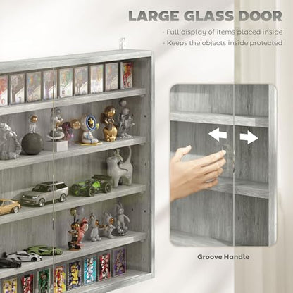 HOMCOM 5-Tier Display Cabinet, Glass Door Cabinet with Adjustable Shelves, Wall-Mounted Display Case for Playroom, Bedroom, Gray - color: Grey