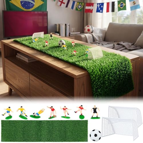 Soccer Table Centerpiece Decorations Kit, 16x59 Inch Artificial Grass Table Runner 7 Player Figures 2 Goal Nets and 1 Ball for Game Day Sports Party Birthday Baby Shower Wedding Decor