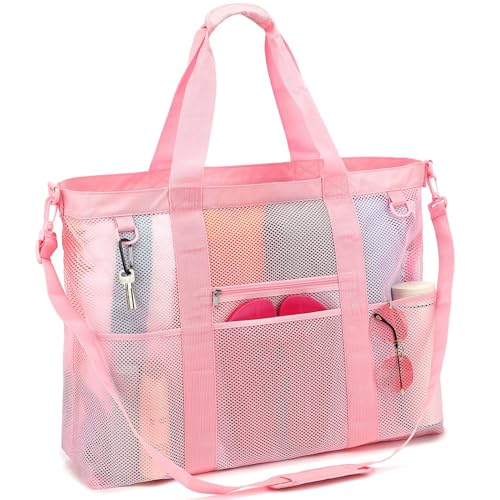 GYEUKHAM Mesh Beach Bag for Women, Sand-Resistant Pool Tote, 9 Pockets (1 Inner Zip), Foldable Family Travel Essentials - color: Extra Large - Pink