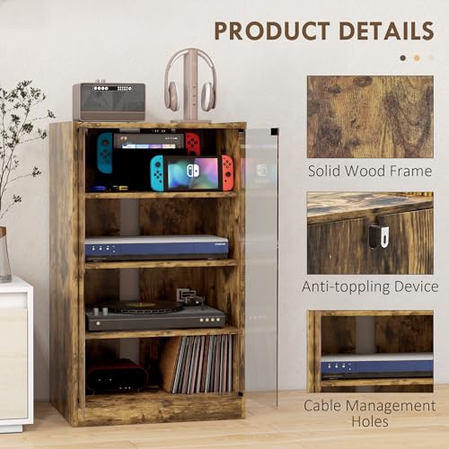 Rustic Brown 4-Shelf Media Stand - Steel-Reinforced MDF, Press-Lock Glass Doors, Adjustable AV Rack for Gaming/TV Gear