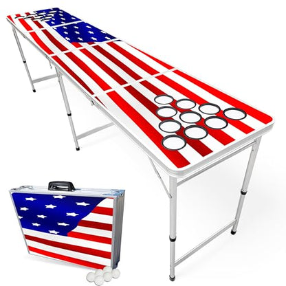 8-Foot Regulation Length Folding Table w/Optional Cup Holes, LED Lights, Custom Graphic (Choose Your Model) - color: Stars & Stripes, style: w/ Cup Holes