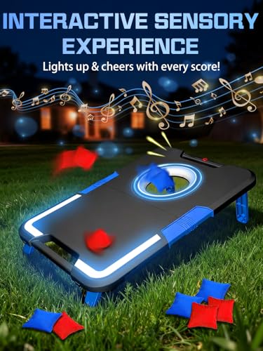LED Light Up Kids Cornhole Board Set with Scoring & Sound Effects, 3-in-1 Portable Kids Bean Bag Toss Game for Adults & Family, Foldable Outdoor Toys for Backyard, Camping, Party (2 Boards, 8 Bags)